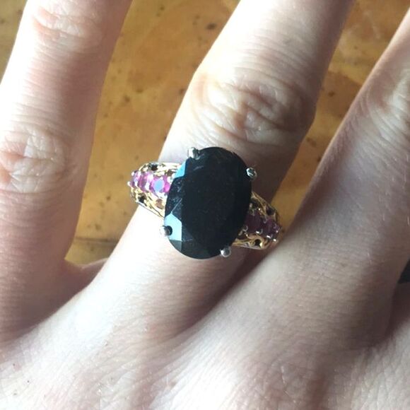 Natural Black Tourmaline Ruby Sterling Silver Ring Size 10 - Picture 1 of 6